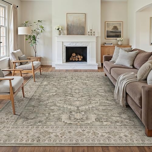 PureCozy Vintage Grauer Teppich Wohnzimmer 120x170cm Schlafzimmer Wohnzimmerteppich Boho Waschbarer Carpet Weich rutschfest Teppiche Esszimmer Büro Kurzflor Groß Tepich
