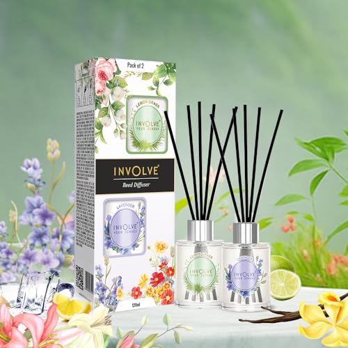 Image of Involve Pura Reed Diffuser Set (Pack of 2) - Lavender & Lemongrass - 120 ml | Oil Diffuser with Free 10 Reed Sticks | Room Freshener for Home, Bedroom | Gifts Set | New Home Gift Items Useful