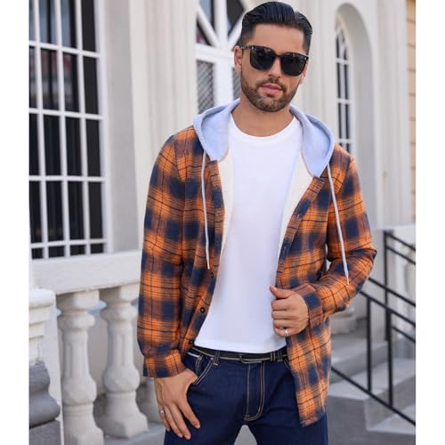 Image of Mens Sherpa Fleece Lined Flannel Buffalo Plaid Jackets with Hood Winter Thermal Quilted Insulated Hooded Coat Outwear