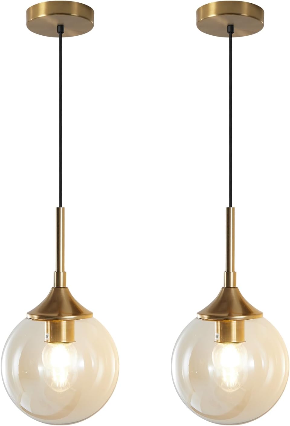 KCO Lighting Mid Century Modern Kitchen Island Pendant Lighting Gold 1-Light Amber Glass Globe Pendant Light Brushed Brass Large Living Room Pendant Light Fixture (2 Pack) Gold+Amber-2PC