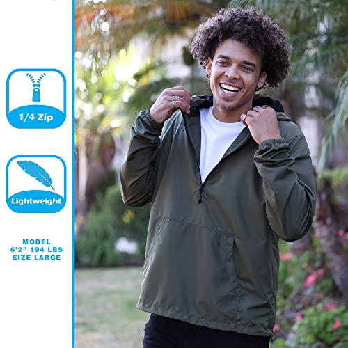 Global Blank Lightweight Windproof Windbreaker Shell, Pullover Half Zip-Up Hoodie Jacket For Men And Women, Army/Black Zip, Medium #TOP3