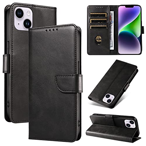 RKINC Funda para iPhone 14/13 Carcasa Libro con Tapa Piel Cuero PU de Calidad con 3 Ranuras para Tarjetas y función Atril, Funda de Piel con Tapa, Funda abatible, Negro