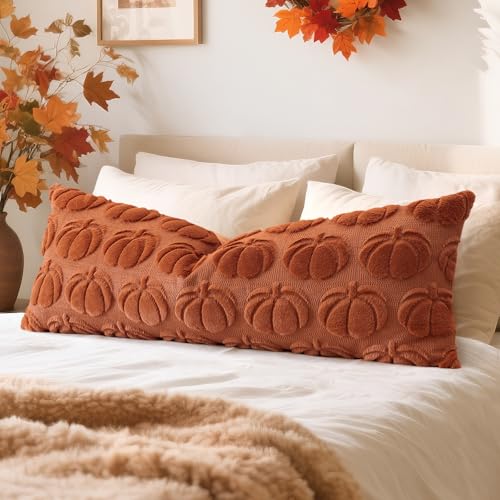 OTOSTAR Fall Pillow Cover Set of 1 Autumn Pumpkin Throw Pillow Covers for Sofa Couch Bed Living Room Soft Plush Short Wool Velvet Farmhouse Throw Pillow Covers for Halloween Rust 14x36 Inch