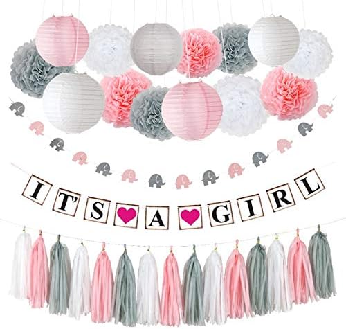 Pococo Premium Baby Shower Decorations for Girl: Party Supplies 55 Pieces Pink, White, Gray Extra Large Kit Includes โIt's a Girlโ Banner, 9 Pom Poms, 5 Lanterns, Elephant Garland, 15 Tassels