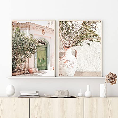 Hanpmy Stampe di arte della parete mediterranea Grecia Paesaggio Fotografia Immagini Tela Pittura Regalo di viaggio Decorazione in stile nordico 18 "x 24" (45x60 cm) X2 Senza cornice