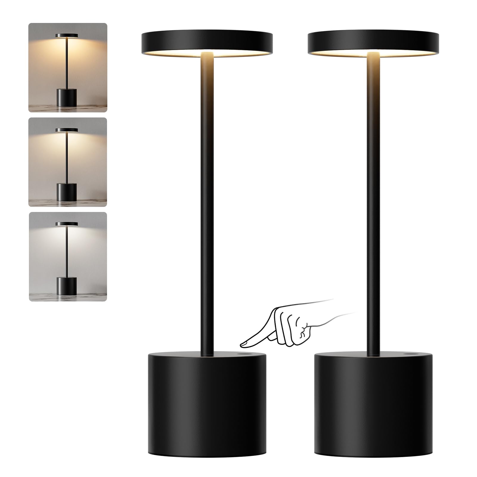PreeOtti Rechargeable Lamp Set of 2, Cordless Lamps, Battery Operated Lamp with 3 Color Stepless Dimming, Wireless Table Lamps for Bedroom, Dining Room, Restaurant, Patio, Camping - Black