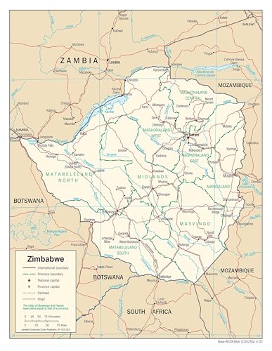 Large Political Map of Zimbabwe Administrative Division with Roads Railways Major Cities Detailed Wall Chart Poster(Framed,08x12