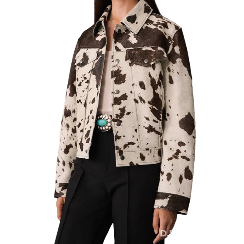 NIFTRIRY Cow Print Leather Trucker Jacket Women's Short Denim Style Fashion Jacket