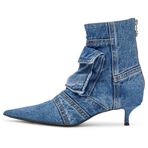Jeans Boots For Women Short Ankle Denim Booties Fall Boots Womens Pointed Toe Boots With Zipper High Stiletto Heel(Blue,11)