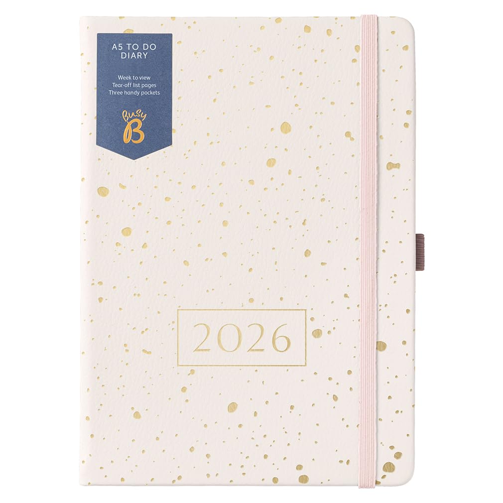 Busy B 2026 Diary - A5 Weekly Planner with To-Do Lists & Notes Pages – Work, School, Office Gold Spray Faux Leather Journal - Week-to-View Layout, 3 Pockets & Year Planner