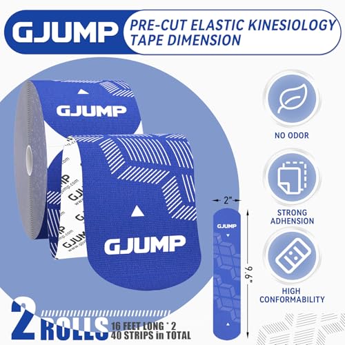 Image of Kinesiology Tape, 40 Count Precut Strips 2 Rolls Original Cotton Tape | Elastic Athletic Tape for Muscle Strain Relief & Joint Support, Latex Free Kinetic Tape, Waterproof & Breathable Sports Tape