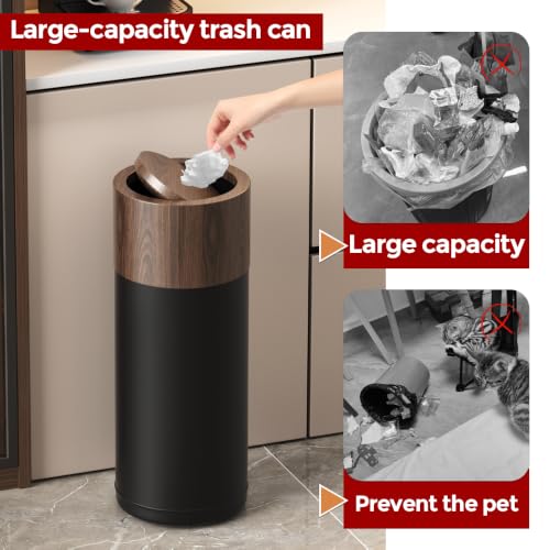 Image of 30L /8GAL Gold Brass Kitchen Trash Can,Tall Commercial Garbage can，Large Capacity FILP lid Trash can for Kitchen,Shopping mall,Elevator gate,Airport, Hotel,Commercial (Walnut)