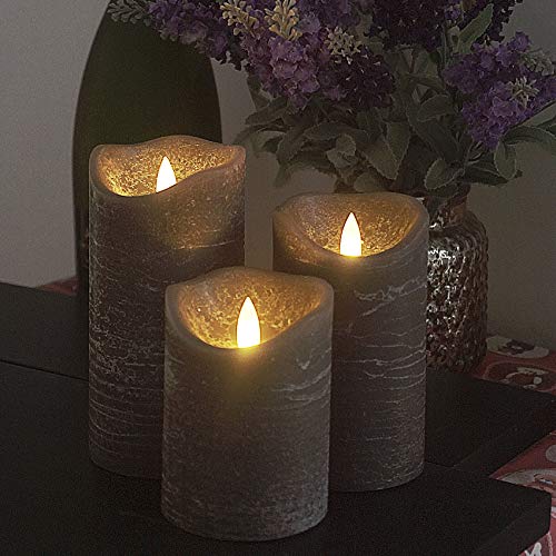 Image of Battery Operated Flameless Candles with Remote Timer Real Wax Realistic Bright Flicker Flickering Electric Electronic LED Pillar Lights Home Wedding Party Decorations Set of 3 Rustic Texture Gray Grey