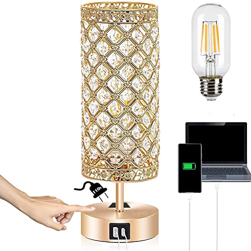 Crystal Touch Control Table Lamp with 4 USB Ports Bedside Nightstand Desk Night Light for Women Bedroom Decor Bling Lamp for Home Office Living Room
