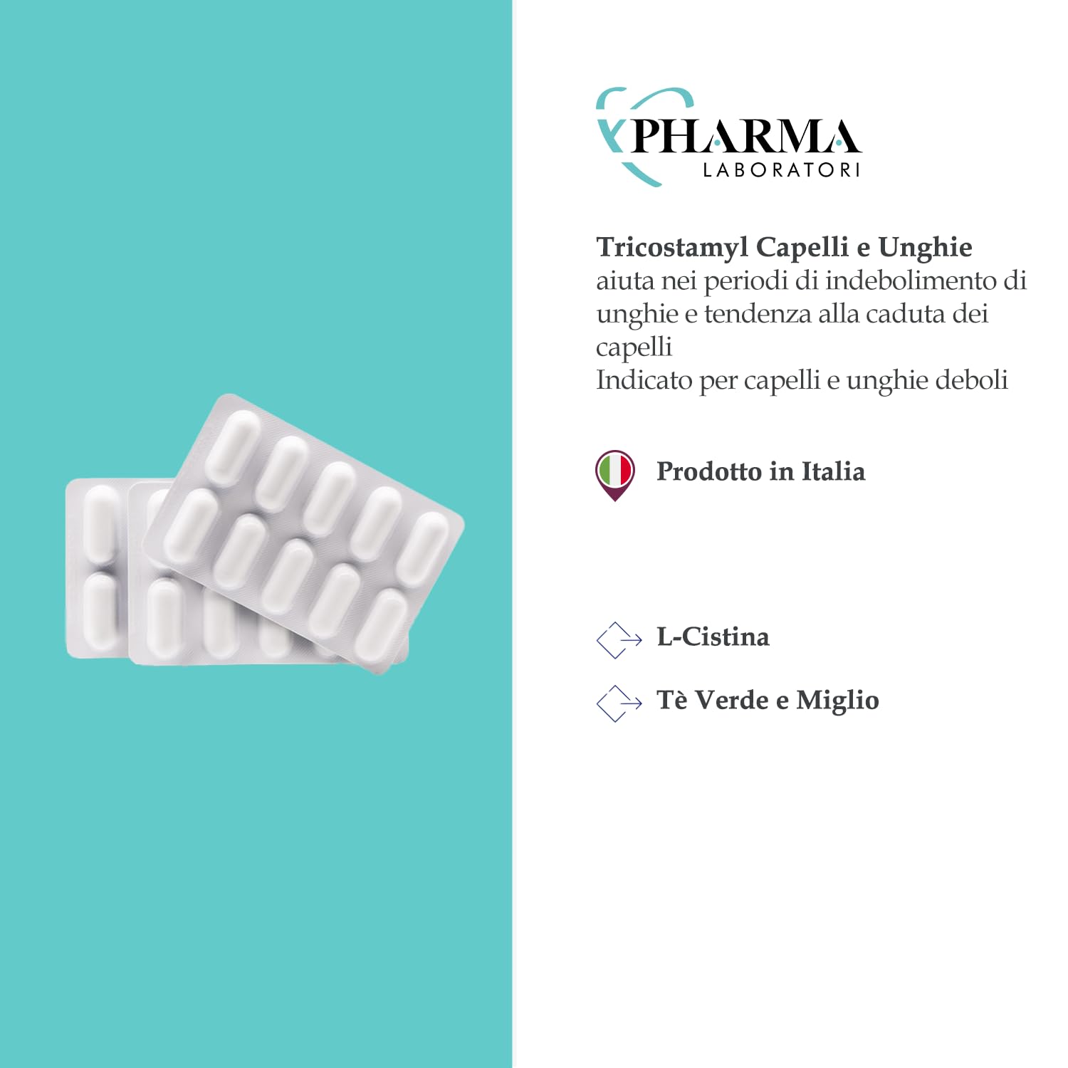 YPHARMA Integratore Tricostamyl Capelli e Unghie 90 Capsule per la Salute di Pelle, Capelli e Unghie con Biotina, Zinco, Estratto di Miglio e Estratto di Equiseto