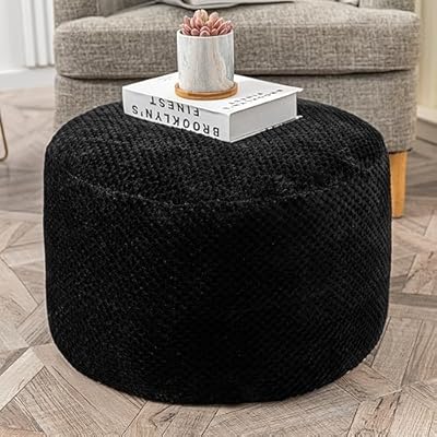 Pouf Ottoman Unstuffed,Round Poof Ottoman Seat(No Filler),Soft Faux Fur Foot Stool, 20"x20"x12" Inches Fuzzy Chair, Floor Pouf Chair,Foot Rest with Storage for Living Room, Bedroom (Black Pouf Cover)