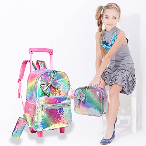 Egchescebo Kids Rolling Travel Toddler Duffle Bag Bow Tie Backpack For Girls Carry On Luggage Roller Computer Suitcase With Pencil Case And Lunch Box Wheels Wheeled Sequins Backpacks Gradient Pink #TOP5