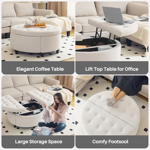 Redlifeᅟᅠ 00080+81 Redlife 35 Inch Wide Round Ottoman With Storage, Storage Ottoman Coffee Table, Tufted Round Ottoman Coffee Table Linen Fabric Round Coffee Table Ottoman thumb #7