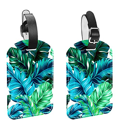 Initial Luggage Tag Baggage Bag Tags Travel Fully Bendable PU Leather 2 pcs Set Tropical Green Leaf