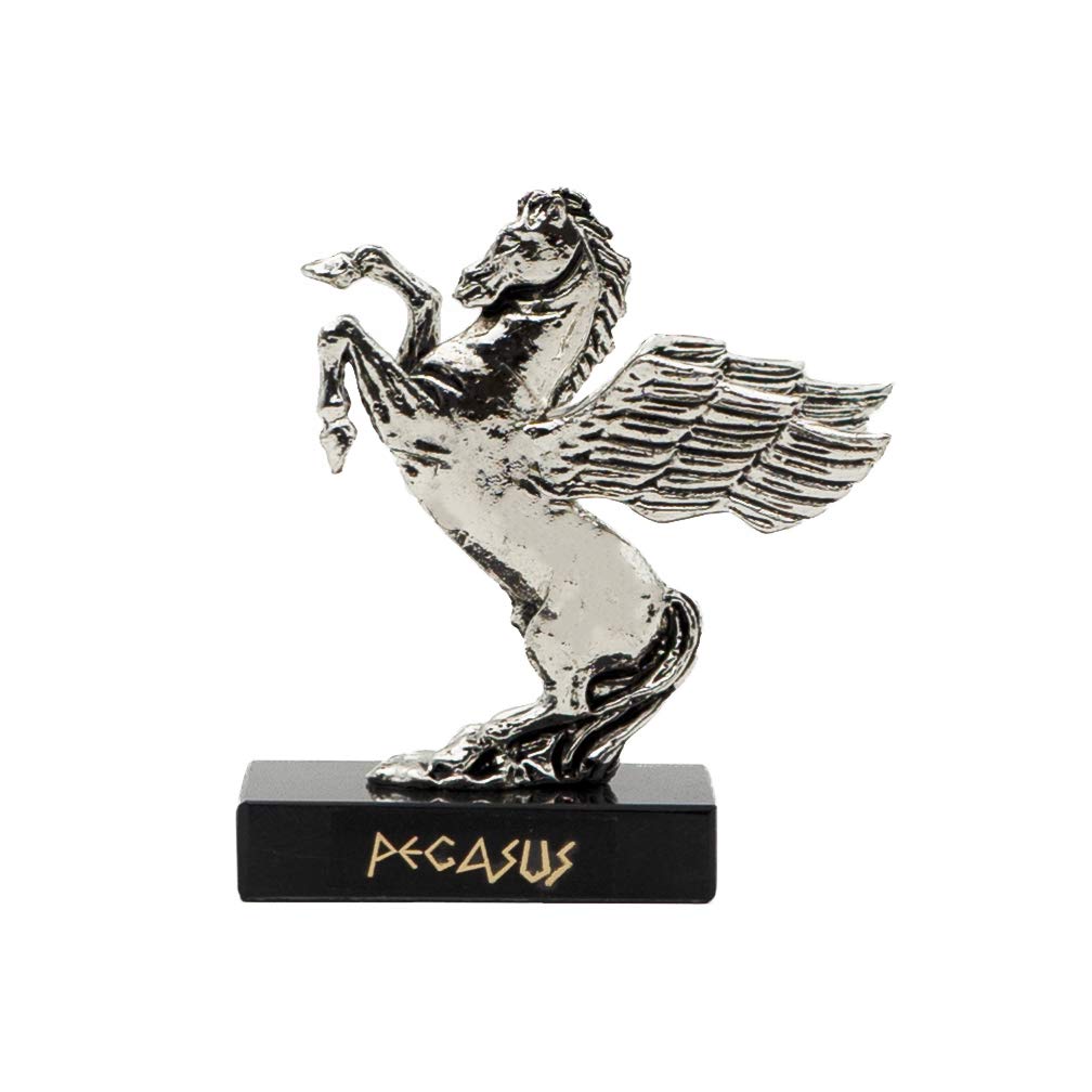 Helcee Handmade Silver Patina Pegasus Statue on Black Marble Base 4 in