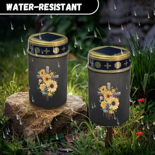 Image of Cemetery Lights for Grave, Cross Sunflower Hummingbird Print Outdoor Flameless Candles Solar Powered Flameless Cemetery Solar Lights Dustproof Waterproof and Easy to Install