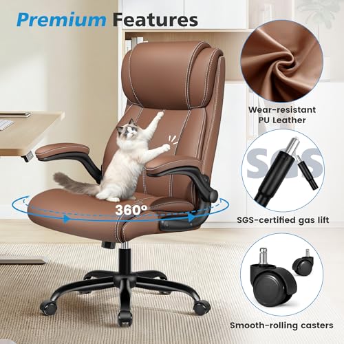 Image of Ergonomic Office Chair, High Back Leather Executive Desk Chair | Inflatable Lumbar Support, Padded Arms for Elbow Comfort, Heavy-Duty Rocking Chair for All-Day Sitting, Plush Wide Seat Brown
