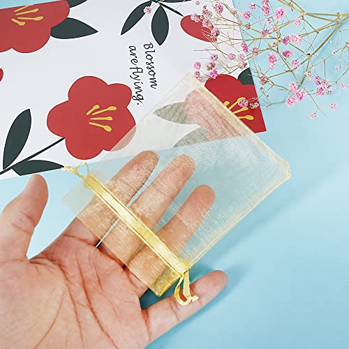 Image of HRX Package 100pcs Little Gold Organza Bags 3 x 4 inch, Mesh Jewelry Pouches Drawstring Empty Sachets for Bracelets Candy Small Gift