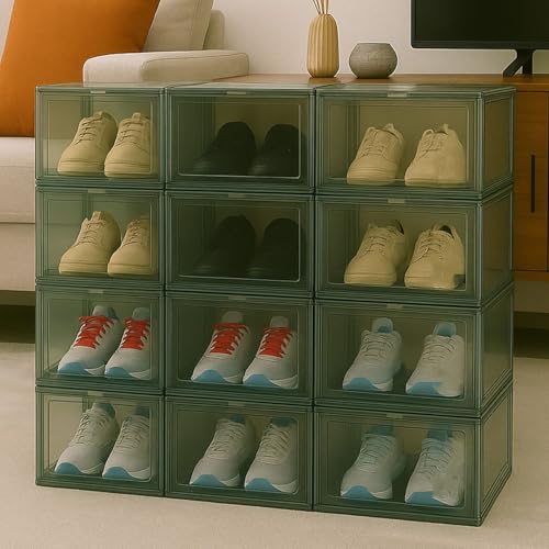 Image of Go Hooked Grey Shoe Box with Magnetic Front Door Stackable Sneaker Display Box & Organizer Pack of 12 - Acrylic Dustproof Shoe Storage Cabinet Transparent Shoe Rack & Sneaker Crate for Home or Display