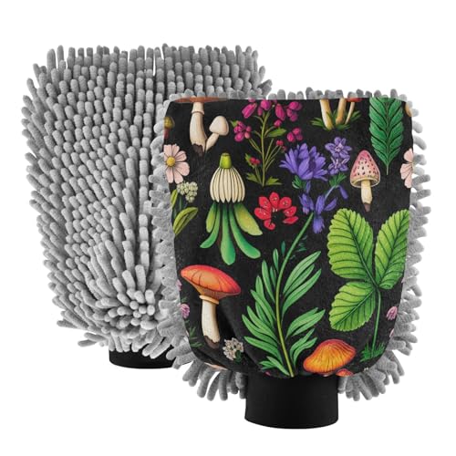 Kigai Cute Cartoon Mushrooms Car Wash Mitt Microfiber, 2Pcs Scratch Free Lint-Free, Premium Chenille Microfiber Mitt Car Wash Brush-M