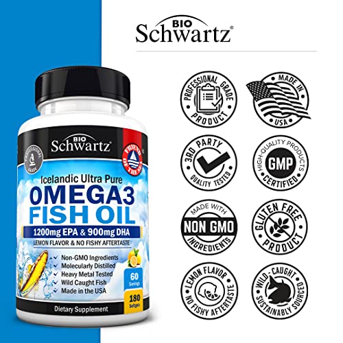 Omega 3 Fish Oil Supplement - 1200Mg Epa And 900Mg Dha Fatty Acid Per Serving From Wild Caught Fish - Supports Joint, Eyes, Brain & Skin Health - Burpless Lemon Flavor, Gluten-Free, 180 Softgels #TOP5