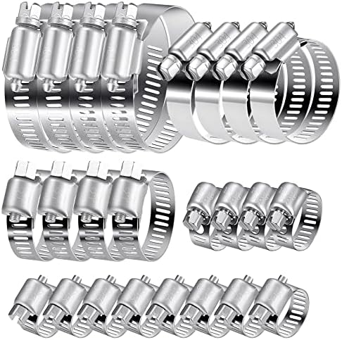 20 Pcs Hose Clips Set, Adjustable 6-51mm Range Hose Clamps 304 Stainless Steel, Hose Screws Pipe Clamps Clips Assortment for Hose Pipe Tube, 6-12/13-19/16-25/21-38/27-51mm