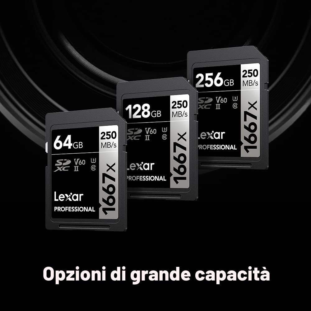 Lexar Schede di memoria professionali SDXC UHS-II, 1667 x 64 GB, C10, U3, V60, video Full HD e 4K, fino a 250 MB/s in lettura, per fotografi professionisti, videografi e appassionati (LSD64GCBNA16672)