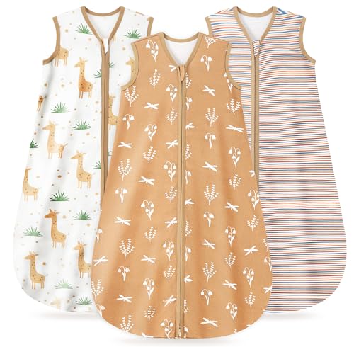 Image of TURMEWU 3 Pack Baby Sleep Sack 6-12 Months 100% Organic Cotton, 0.5 TOG Lightweight Wearable Blanket, 2-Way Zipper Sleeping Bag, Brown
