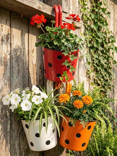 Image of Premium Polka Dot Hook Planter with Inner Pot | Sturdy Plastic Hanging Pots for Balcony Railings | Indoor & Outdoor Gardening (3 Pot, Multicolour)