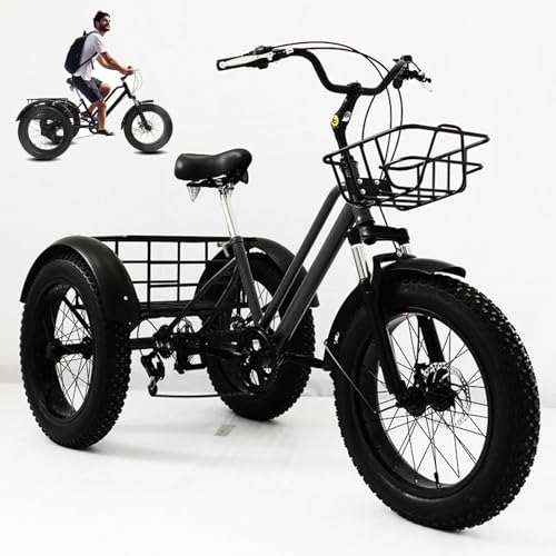 Triciclo de 20' con neumáticos anchos para adultos (7 velocidades), bicicleta de paseo de 3 ruedas con cesta para la compra, cuadro de acero al carbono, capacidad de carga: 200 kg/450 lb, para uso d