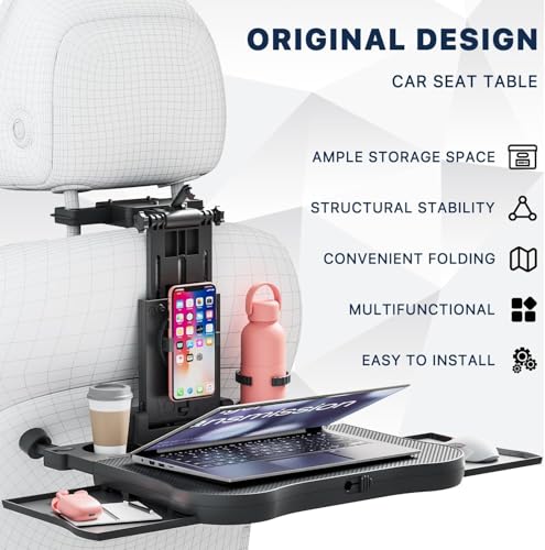 Image of Oshotto (FT-10) Multifunctional Car Backseat Laptop and Food Tray Desk with Phone Holder, Cup Holder & Storage Drawers - Adjustable Foldable Car Table for Work, Travel & Dining