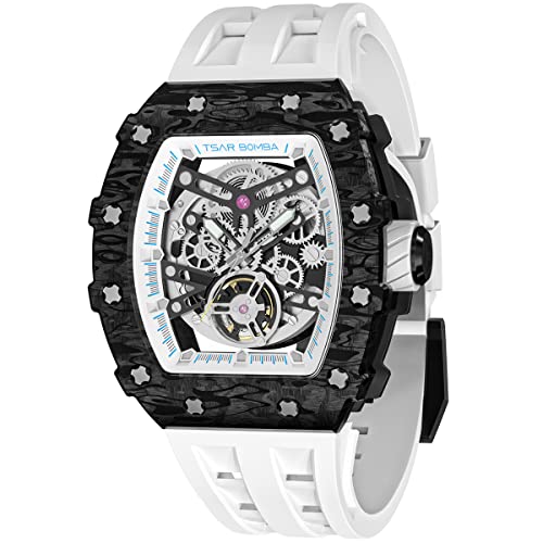 TSAR BOMBA Montre Automatique pour Homme - Luxe Fibre Carbone - Mouvement Japonais - Verre Saphir - Étanche 50m - Bracelet en Silicone - Design Classique Tonneau - Calendrier Lumineux