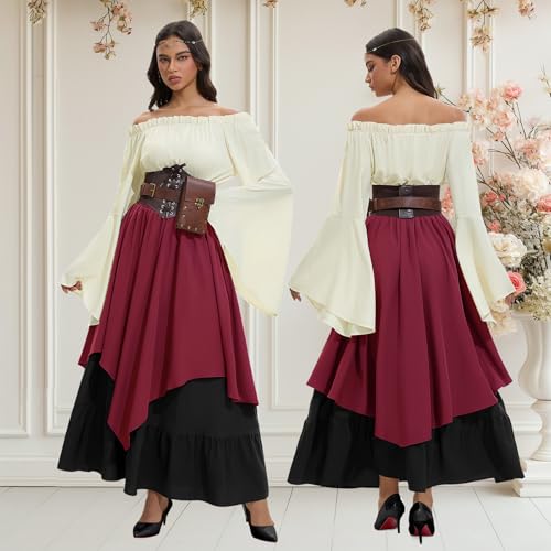 LumenVela Mittelalter Kleidung Damen, Renaissance Kleid Damen und Off Shoulder Bluse mit Corsett, Gürteltasche, Kopfschmuck, Gürtel, Viktorianisches Kostüm für Halloween Karneval (Rot, L)