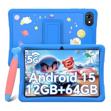 TABWEE Tablet per Bambini 10 Pollici, Tablets Android 15, 12 GB RAM + 64 GB ROM (2 TB TF), 5G WiFi, Bluetooth 5.0, 5000mAh, Controllo Genitori, Tablet Educativo per Bambini con Custodia EVE
