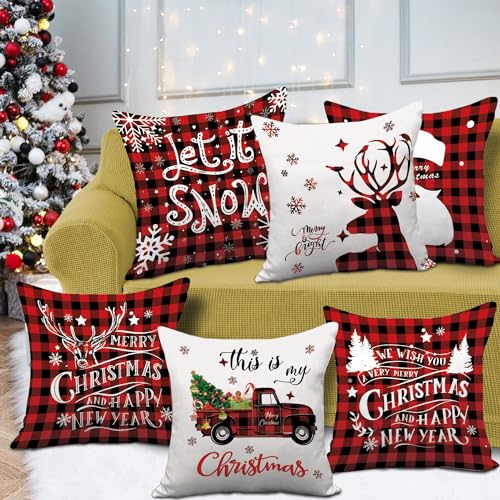 AMLOOPH Christmas Cushion Covers Set of 6, Red Black Tartan 45 x 45 cm - Image 2
