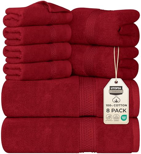 Utopia Towels 8 Piece Premium Towel Set, 2 Bath, 2 Hand, and 4 Wash Cloths, 600 GSM 100% Ring Spun Cotton, Highly Absorbent Towels for Bathroom, Gym, Hotel, and Spa, Red