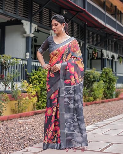 Image of Kaugalian store Linen Cotton Floral Printed Saree for Women with Unstitched Blouse Piece | 5.5 M Saree & 0.8 M Blouse