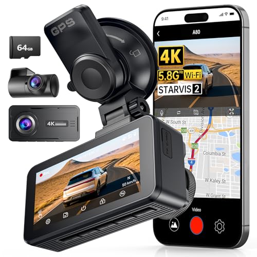 Image of Dash Cam Front and Rear, 4K FHD Dual Dash Camera for Cars Built-in 5G WiFi GPS, 64GB Card Included, Car Camera with 3 inch IPS Touch Screen, UHD 2160P Night Vision, WDR, 24H Parking Monitor, App Control