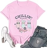 Chillin' with My Peeps Easter's Day T-Shir for Women Colorful Bunnies and Teacher Flowers Stars Graphic Top-Pink Chillin' XL