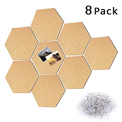 Volwco 10 unidades Premium tablero de corcho autoadhesivo, azulejos de tablero de corcho hexagonal natural tablón de anuncios de pared para el hogar oficina, 8.5 * 7.3 pulgadas - Bono 50 pines