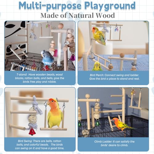 Image of PINVNBY Bird Playground Parrot Play Gym Parakeet Cage Play Stand Wooden Perches Playpen Ladders Conure Chewing Climbing Swing Toy Birdcage Accessories for Small Cockatoo Cockatiel Lovebirds Budgie