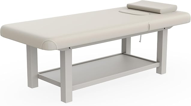 pouseayar Wood Wide Stationary Massage Table for Treatment Table Physical Therapy Table Spa Facial Bed, PU Leather 31.5 Wide 75 Long - Beige Gray, 4-Legged Integral Structure