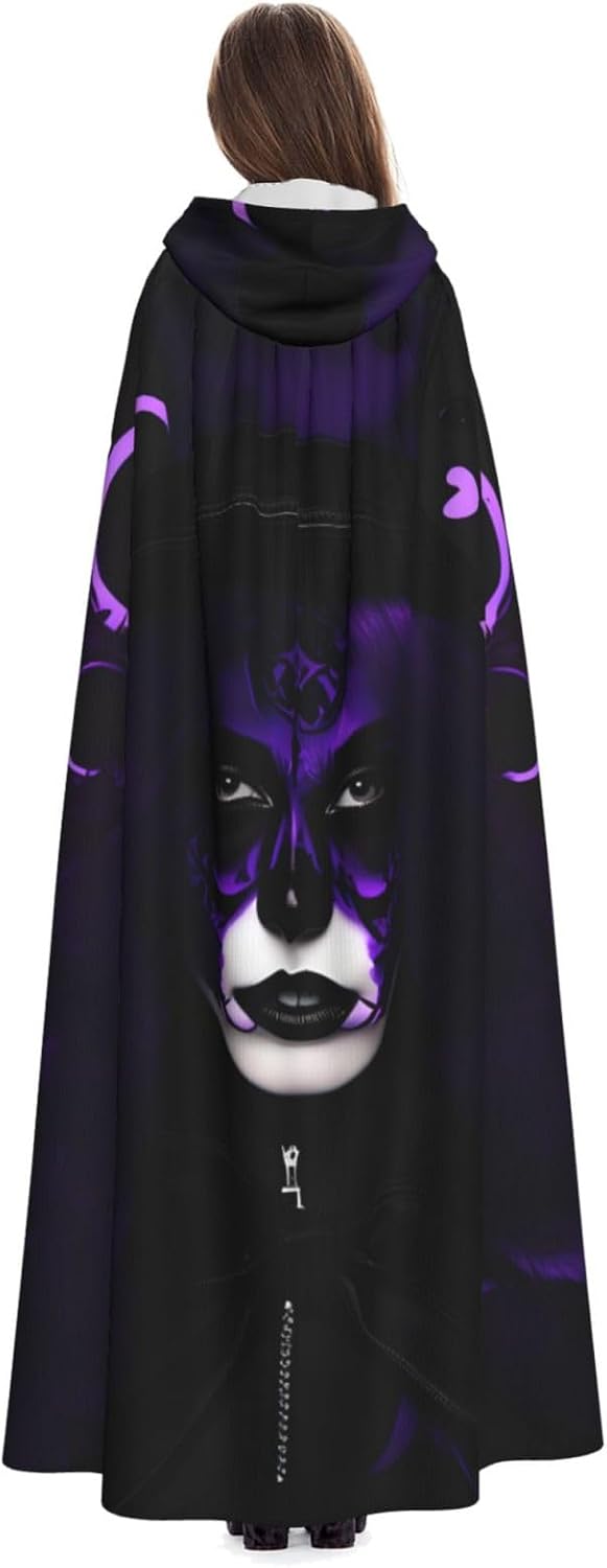 Purple Black Goth Spooky print Halloween Hooded Robe Cloak for Adult Men Women Wizard Vampire Knight Fancy Cape Costume