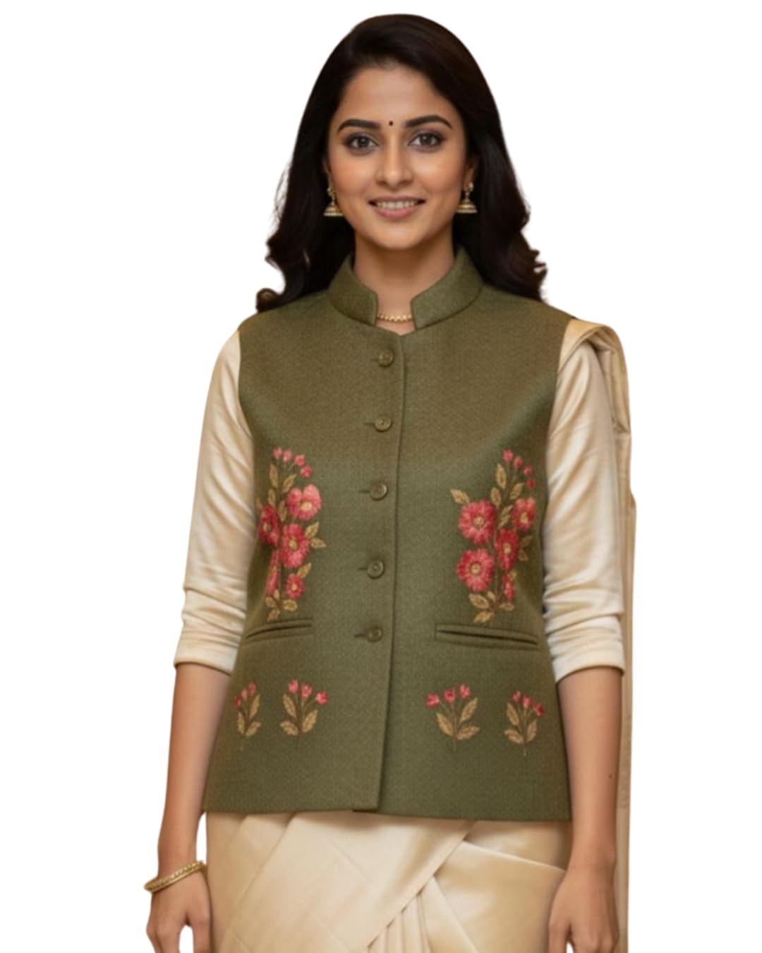 Women's Woolen Jacket, Olive Green, Sleeveless, Floral Pattern, Button Front-image-17