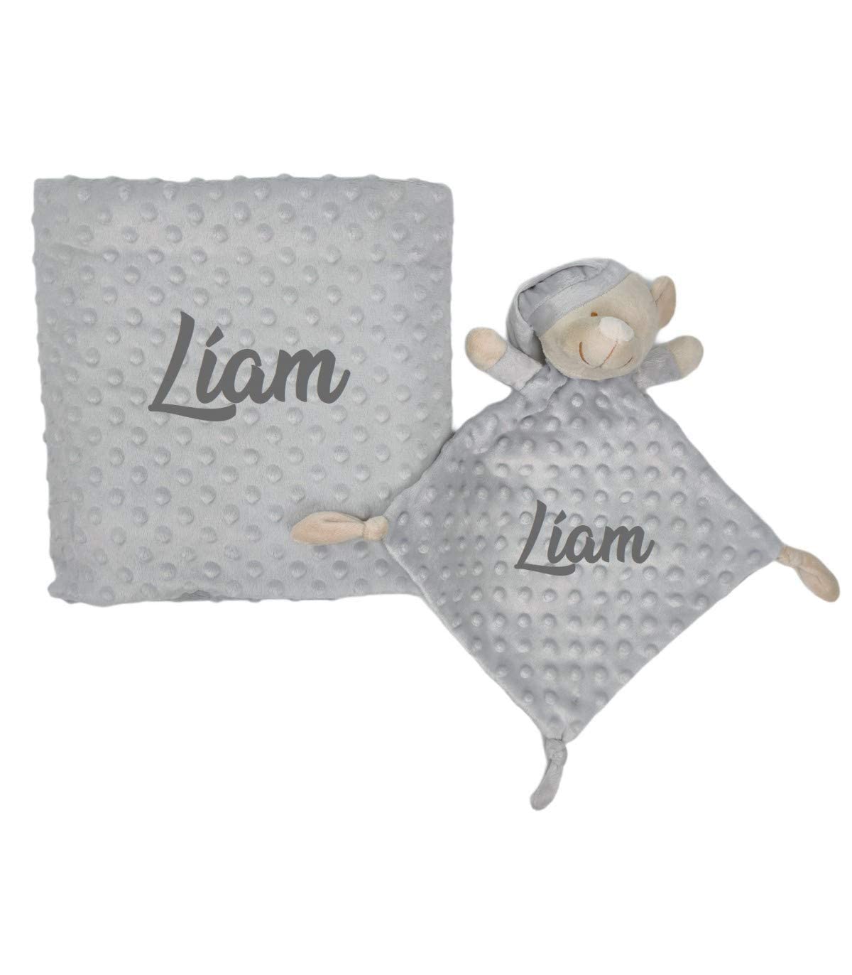 Conjunto Manta Bebe 80x110 cm + mantita Animal 25x25 cm Personalizados con Nombre Bordado. Tacto Terciopelo - Regalos para Bebés Recién Nacidos - Nenel (Gris)